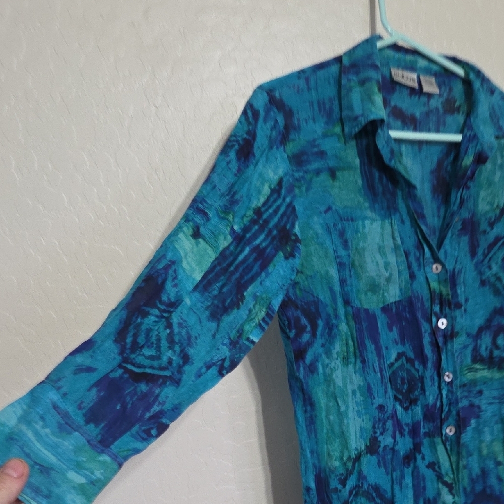 Chico's Teal & Turquoise Patterned Button-Front S… - image 3